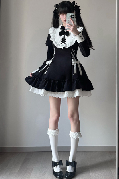 Lace-up ribbon Lolita dress + brooch + hair clip