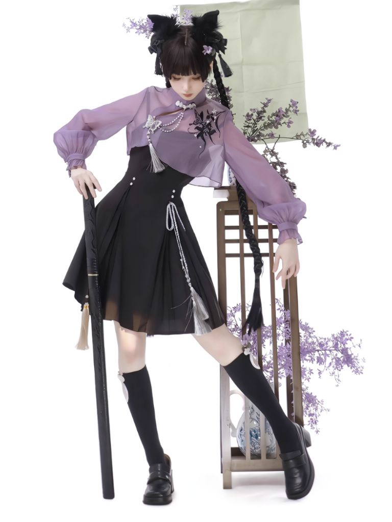 Purple Butterfly China Top + Suspender Skirt