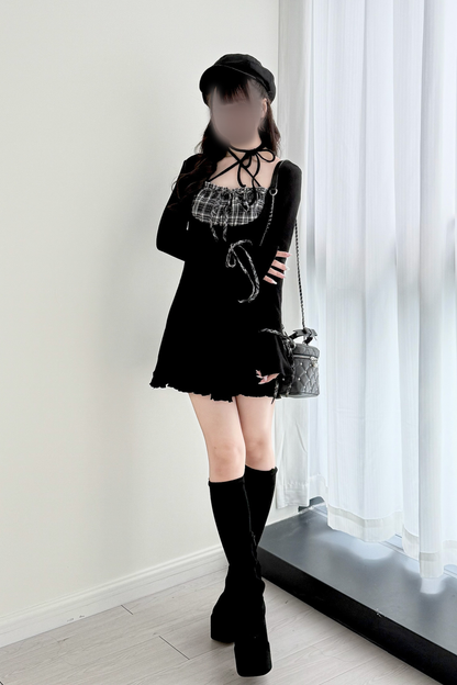 チェックフレアニットワンピース