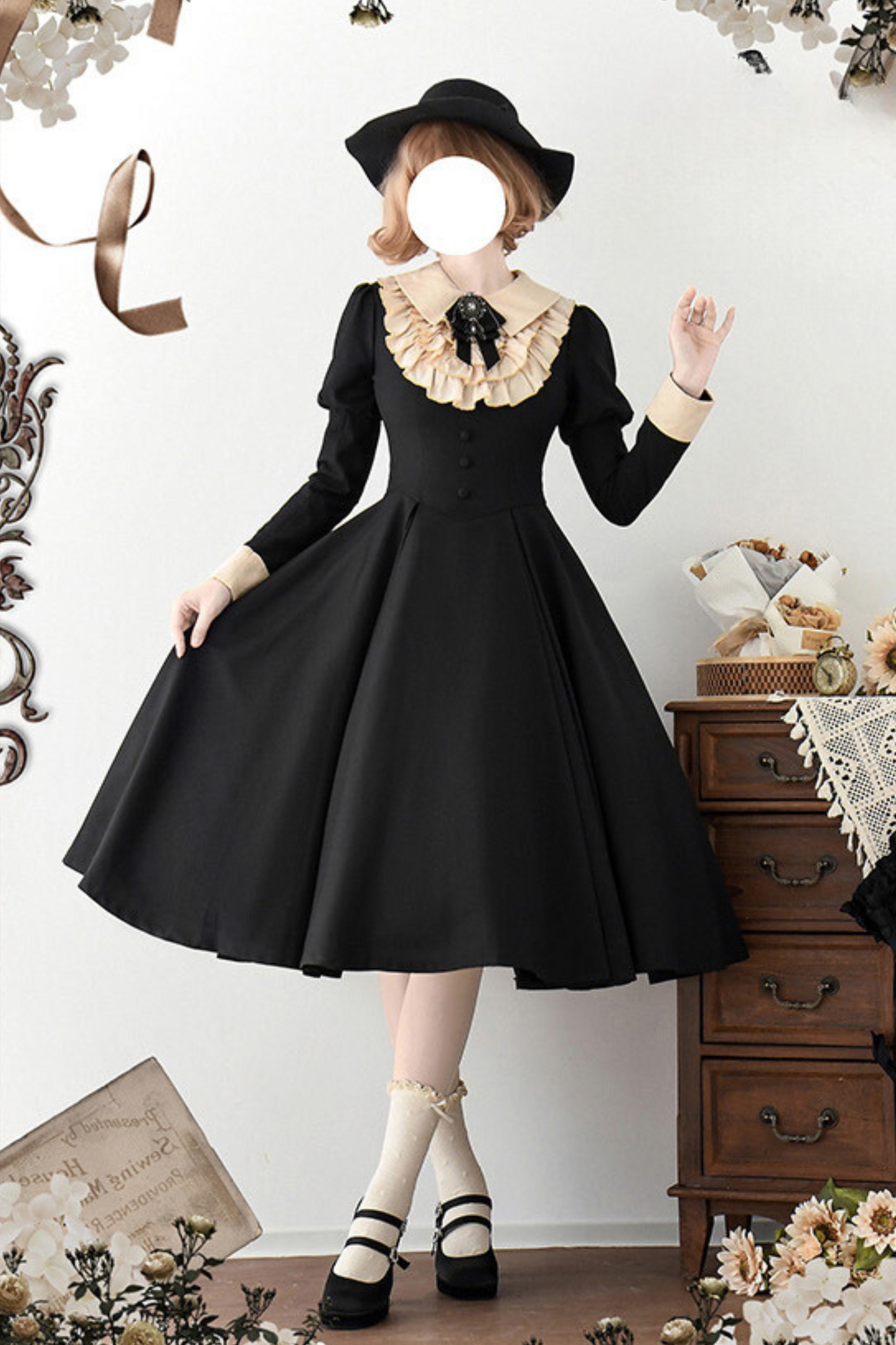 [Reservation deadline on November 22] Dark Elegant Classical Ribbon Long Dress