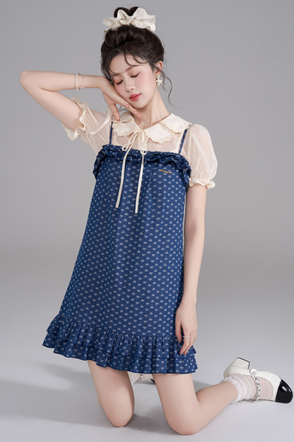 Polka Dot Ruffle Denim Dress + Shirt