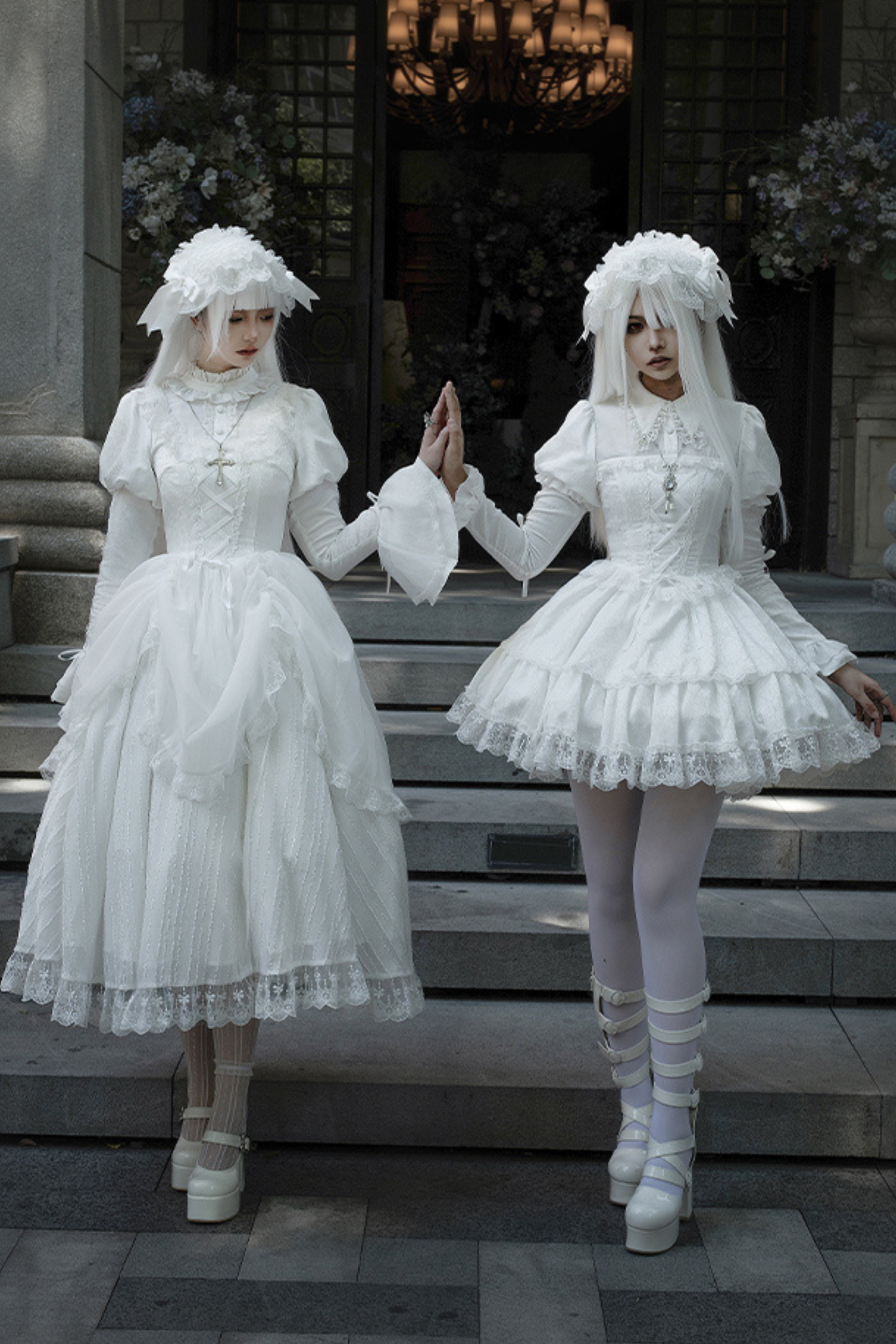 White gothic gemini Lolita dress + corset + ribbon + hair band + veil