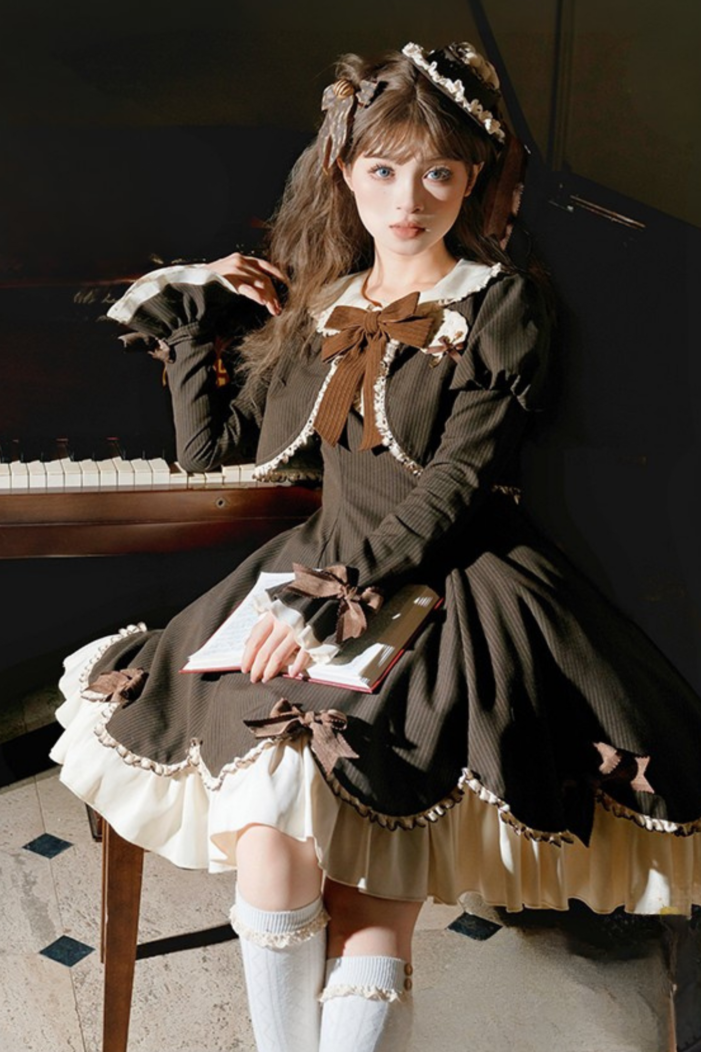 Hazelnut Chocolate Faux Two-piece Dress + Cake Hat