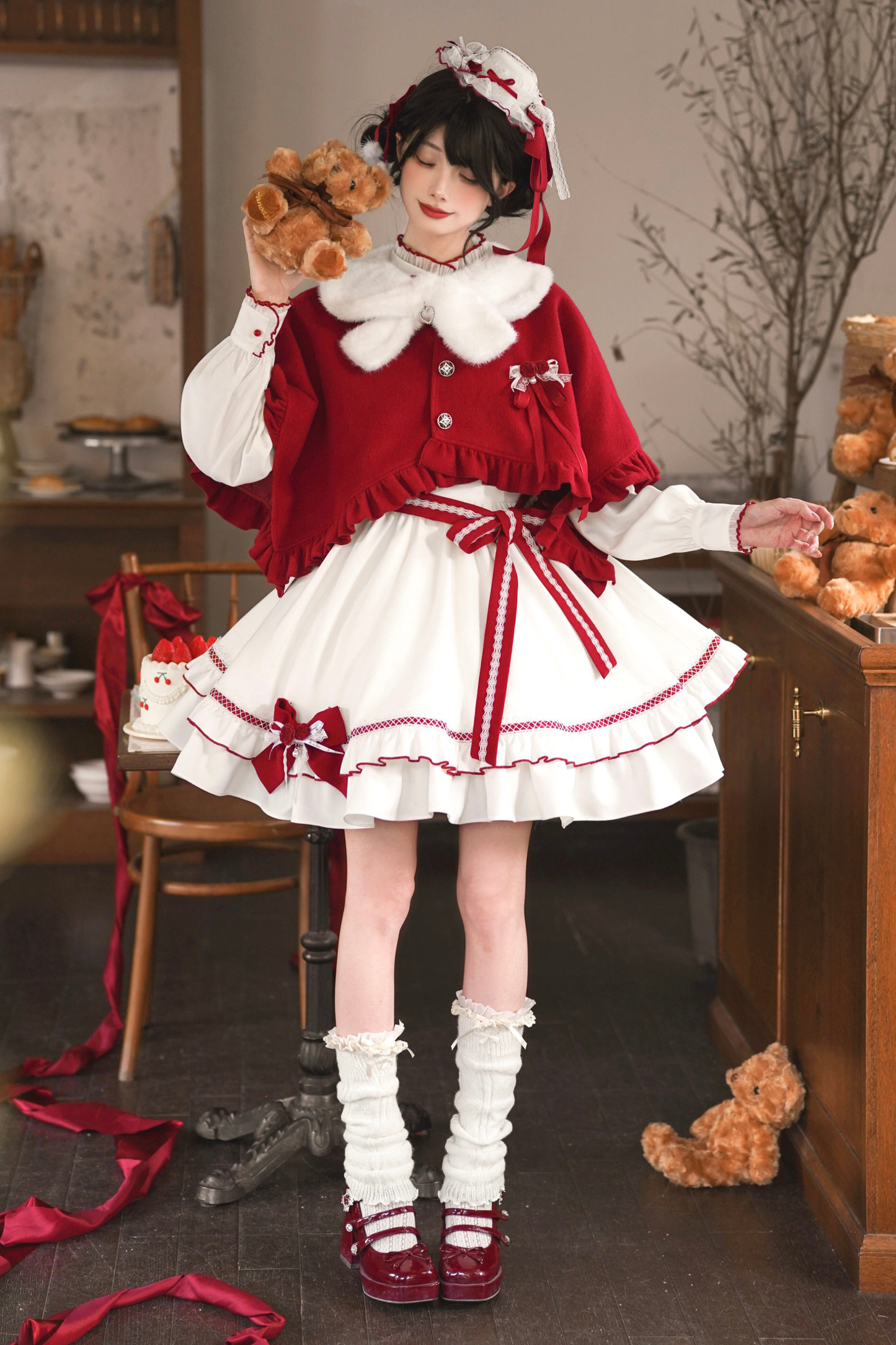 レッドウィッシュリボンドレス+ケープ