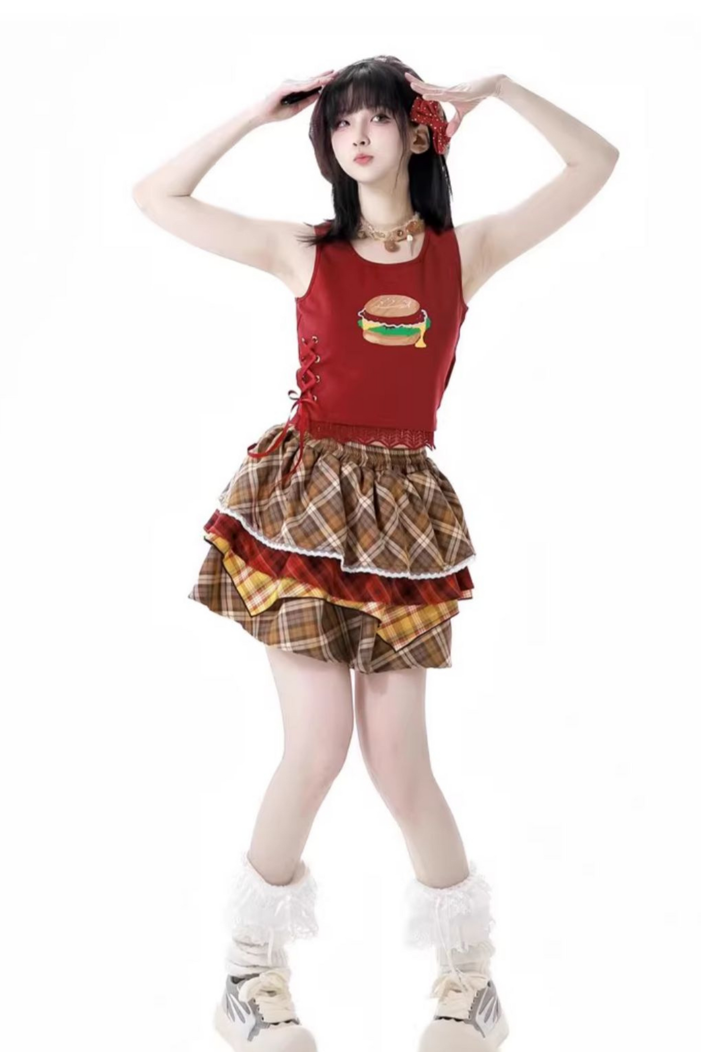 オーバーシャツ＋ノースリーブトップス＋ケーキスカート