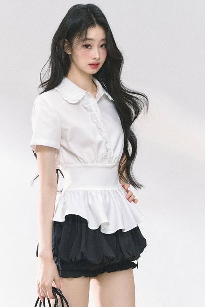 ピュアホワイトフレンチペプラムシャツ