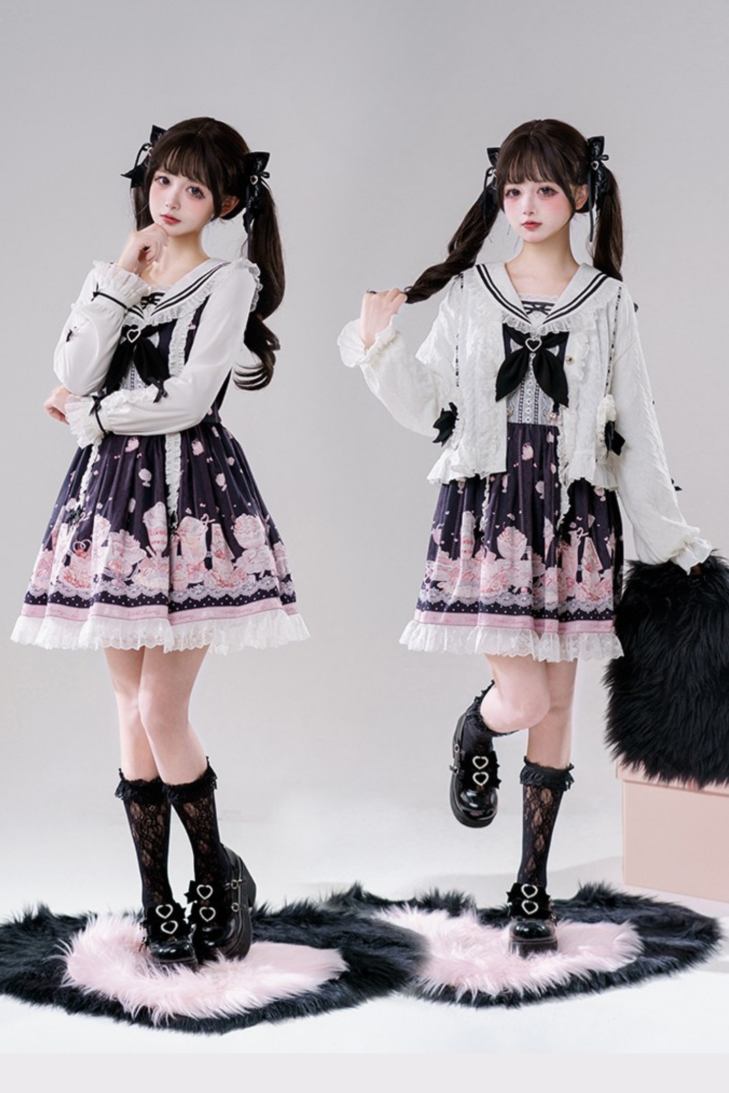 Sailor Color Sweetheart Print Dress + V-Neck Frilled Knit Cardigan