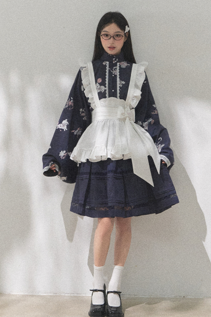 レトロスタンドカラーショートトップス+ミディアムスカート