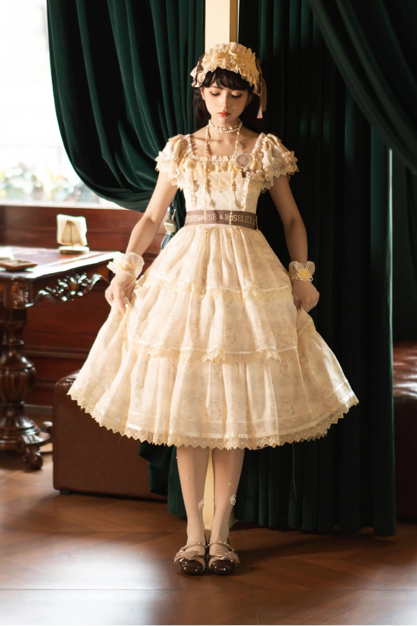 French Elegance Floral Lolita Dress + Badge + Headband + Headband