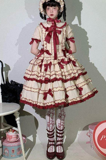 ピュアガールリボンロリータスカート+インナー+ベスト+ヘアバンド+スリーブ