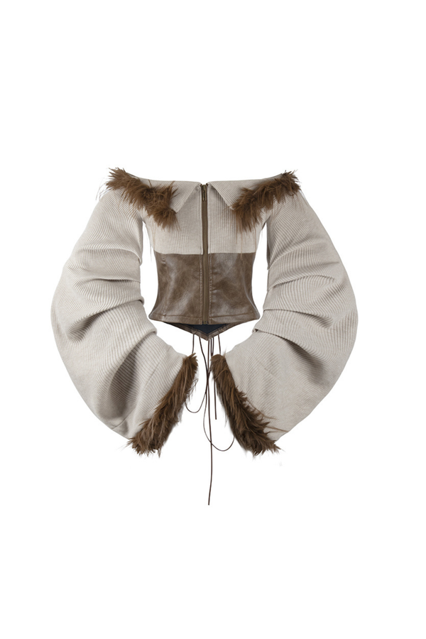 Y2Kファーオフショルダーニットトップス