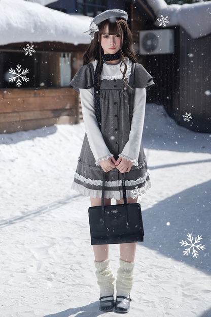 グレイポルカドットドールドレス+ベレー帽