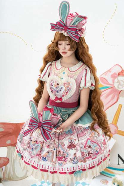 [Pre-order Deadline: July 1] Pink x Green Alice Cat Sweet Lolita Puff Sleeve OP Dress (with Ribbon Apron and Playing Card Motif Waist Belt)