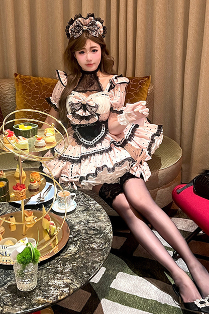 スイートリトルドットメイドロリータドレス+エプロン+ヘッドアクセサリー+ベール