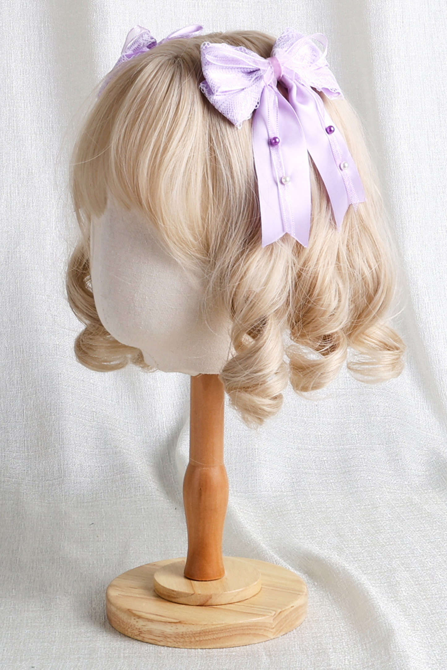 パープルブライダルリボンフラワーボンネット+ハットクリップ+ヘアバンド+リボンクリップ+スリーブ