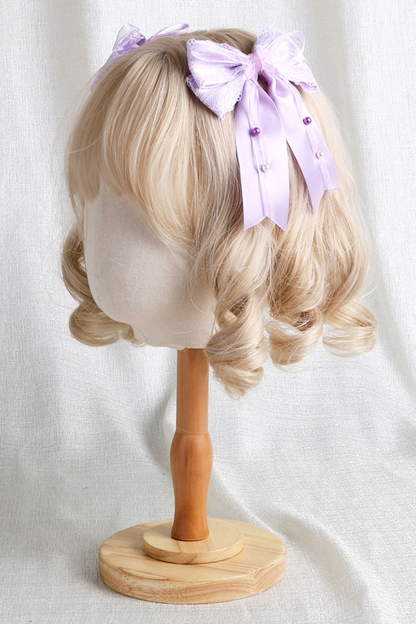 パープルブライダルリボンフラワーボンネット+ハットクリップ+ヘアバンド+リボンクリップ+スリーブ