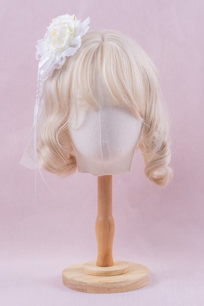 ホワイトレースブライダルスタイルボンネット+ヘアバンド+クリップ+スリーブ