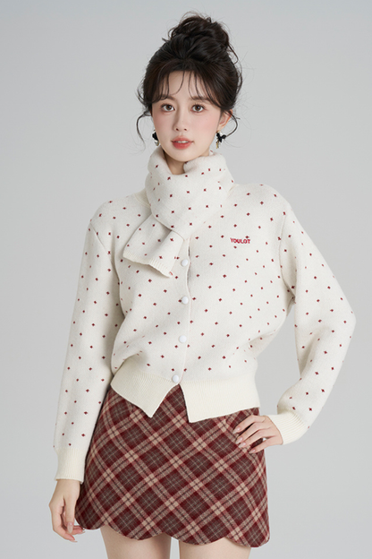 フレンチスタイルドットマフラー付きンカーディガン