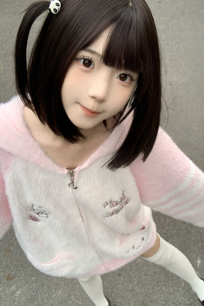 キャットルーズフードジッパーカーディガン