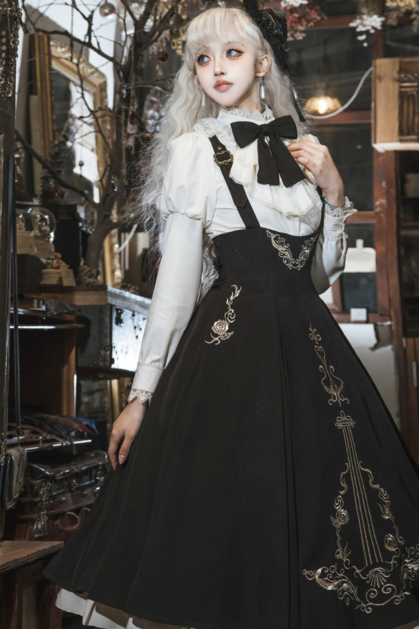 【予約商品】ゴシックダークサスペンダーロングドレス+シャツ+ジャケット