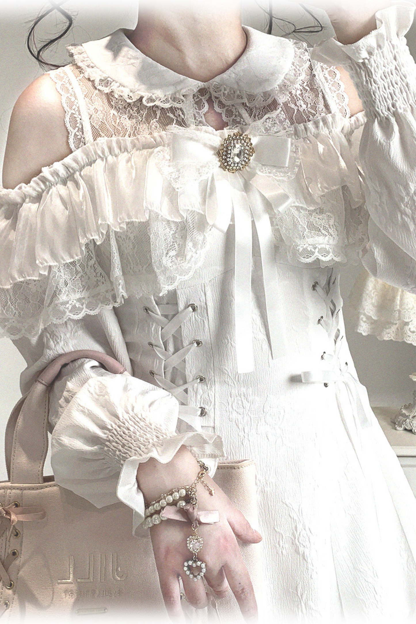 오프숄더 레이스업 레이스 원피스