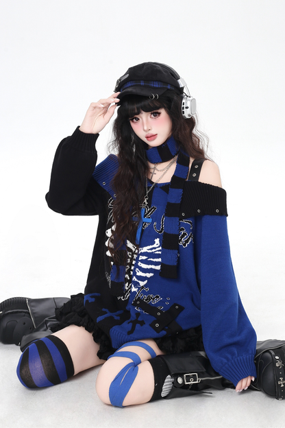 スカルボーンゴシックオフショルダートップス+スカーフ