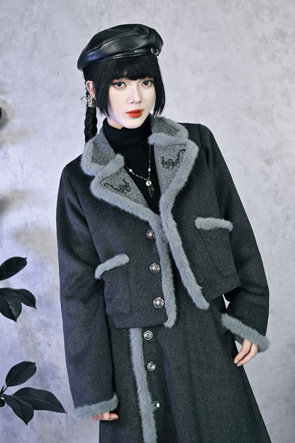 Retro mode fur short jacket + skirt