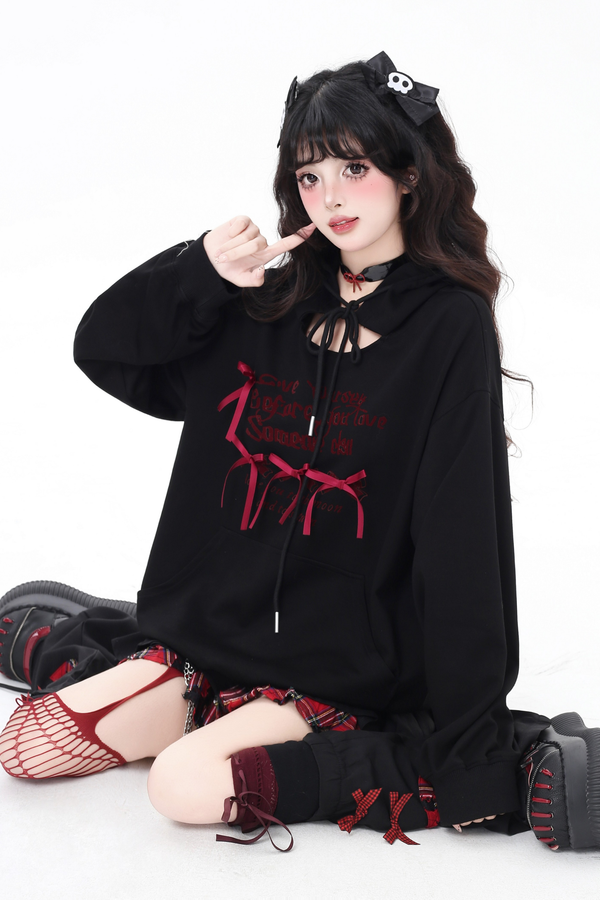 Cutout Ribbon Hooded Hoodie