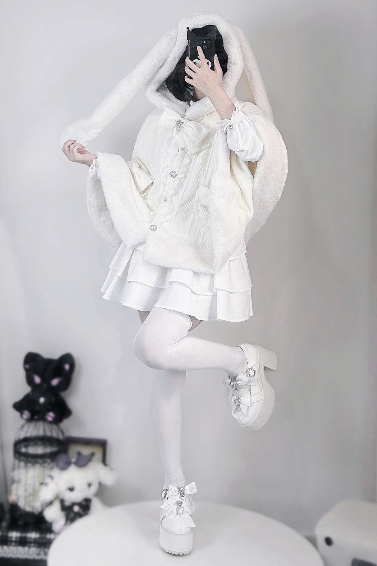 [Reserved product] Rabbit ear Hoody ribbon pearl lace belbet pharmonant