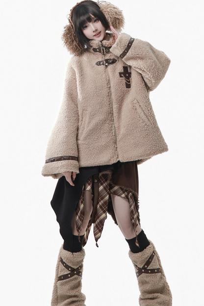 ヘーゼルナッツベルベットウールコート+チェックスカート+トップス+レッグカバー