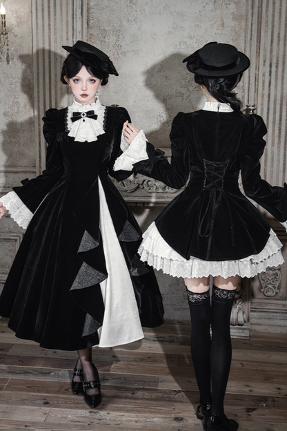 エレガントスリムコントラストカラーツインドレス+カラー+リボン+ブローチ+ハット