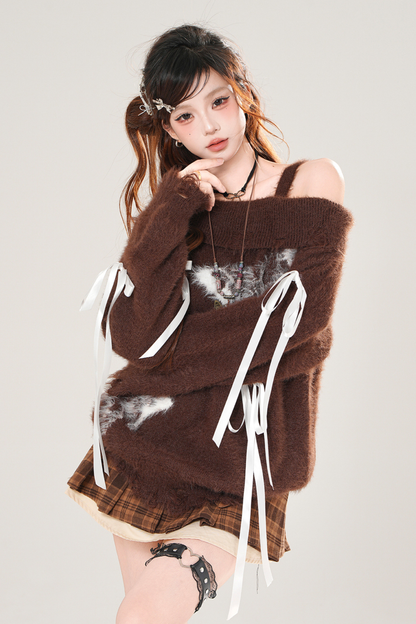 リボンオフショルダーニット