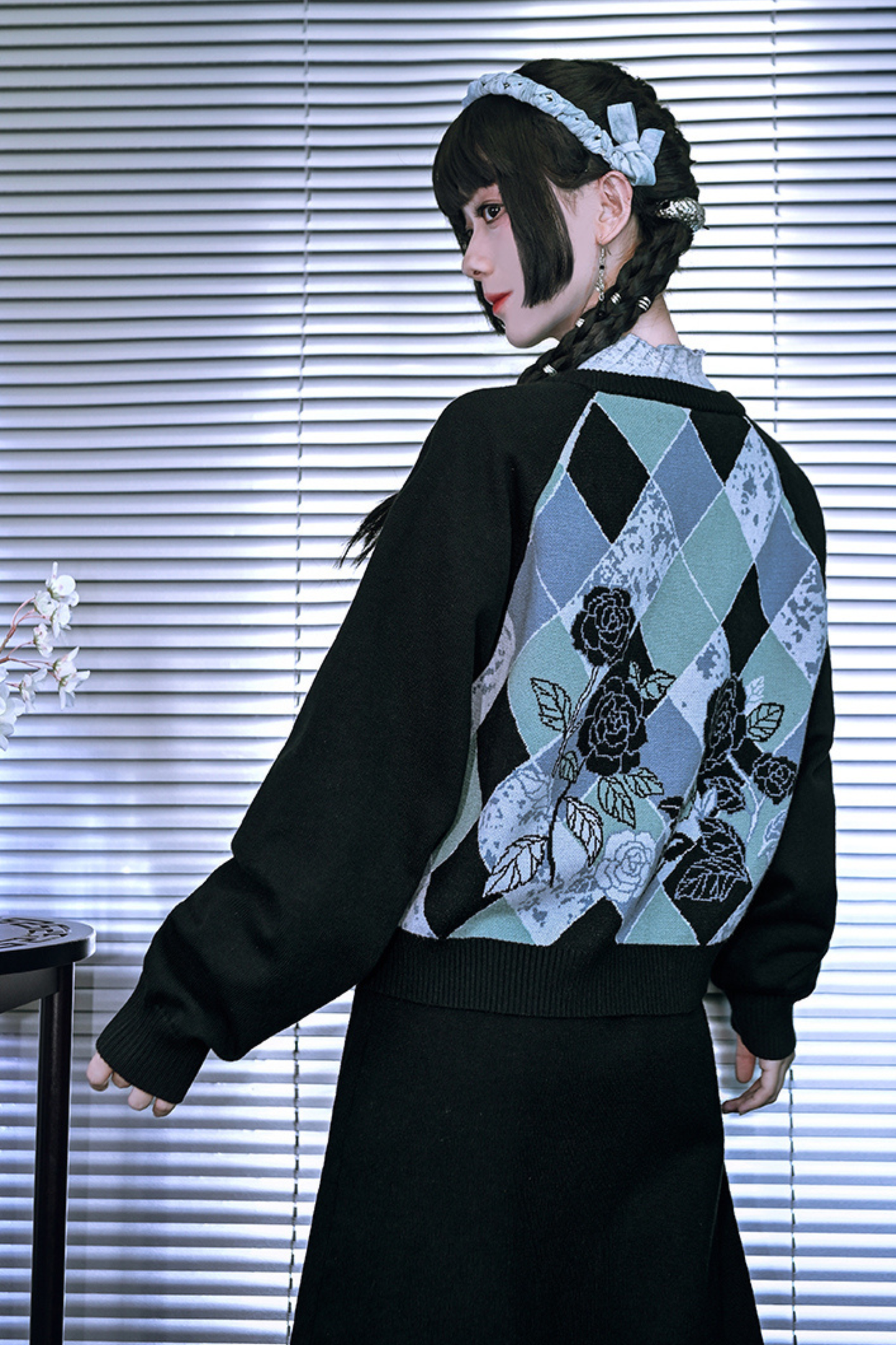 Argyle Flower Cardigan + Asymmetrical Skirt