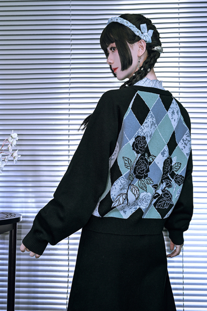 Argyle Flower Cardigan + Asymmetrical Skirt