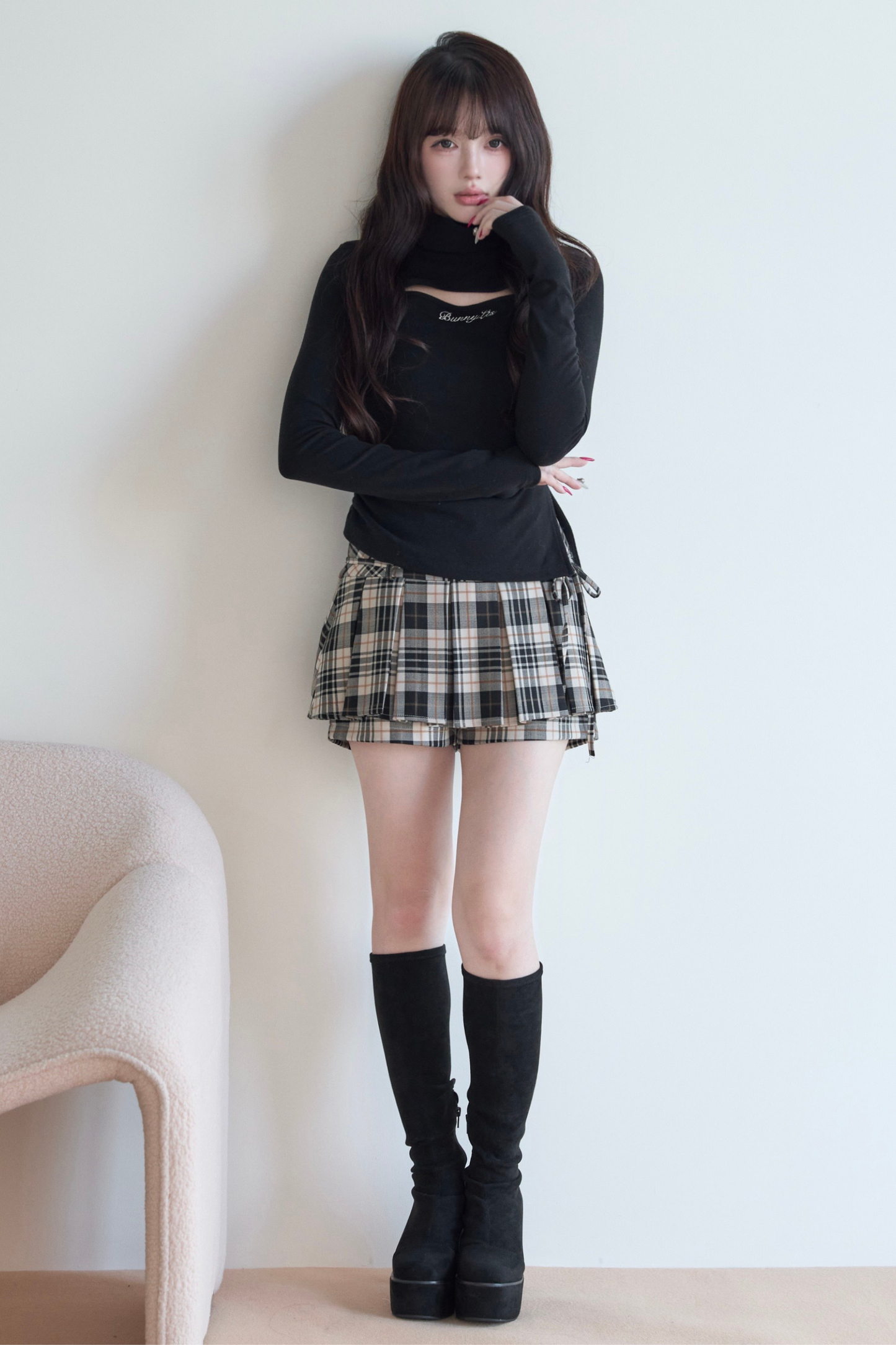 High Neck Knit Top + Check Skirt