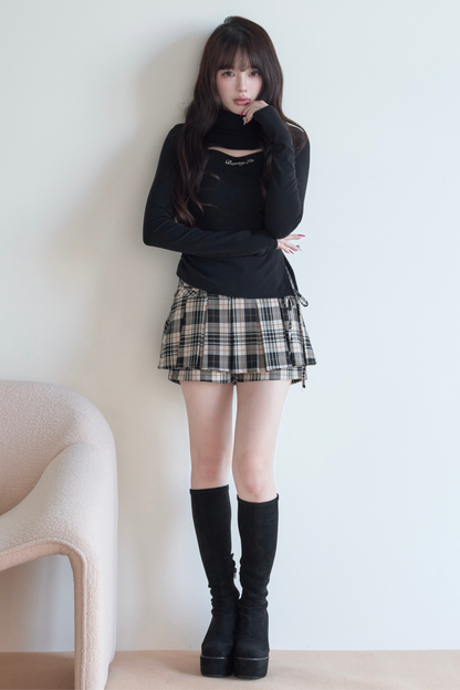 High Neck Knit Top + Check Skirt