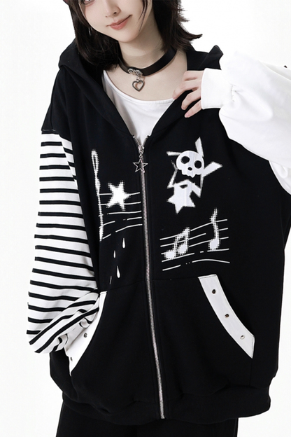 ストライプロックプリントフードジャケット+トップス+ロングパンツ+スカート