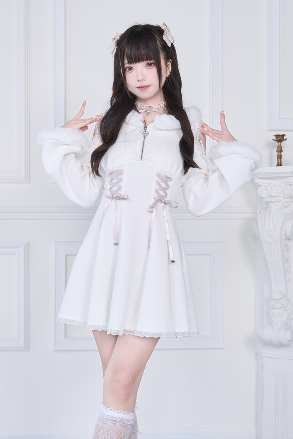 Lace-up Off-the-shoulder Fur Hooded Dress