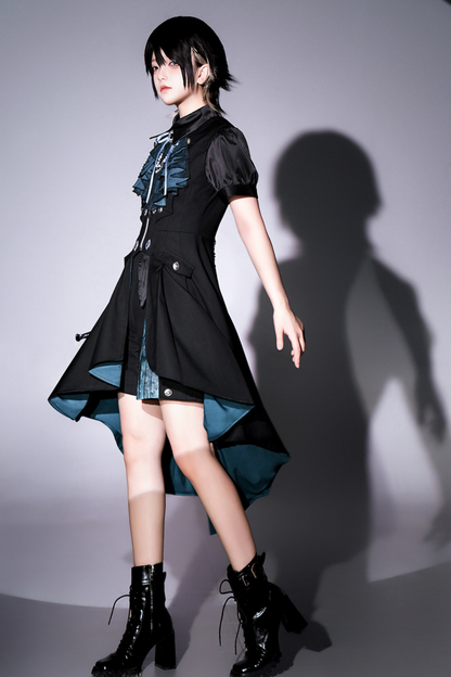 Dark mode asymmetrical jacket + dress + pants