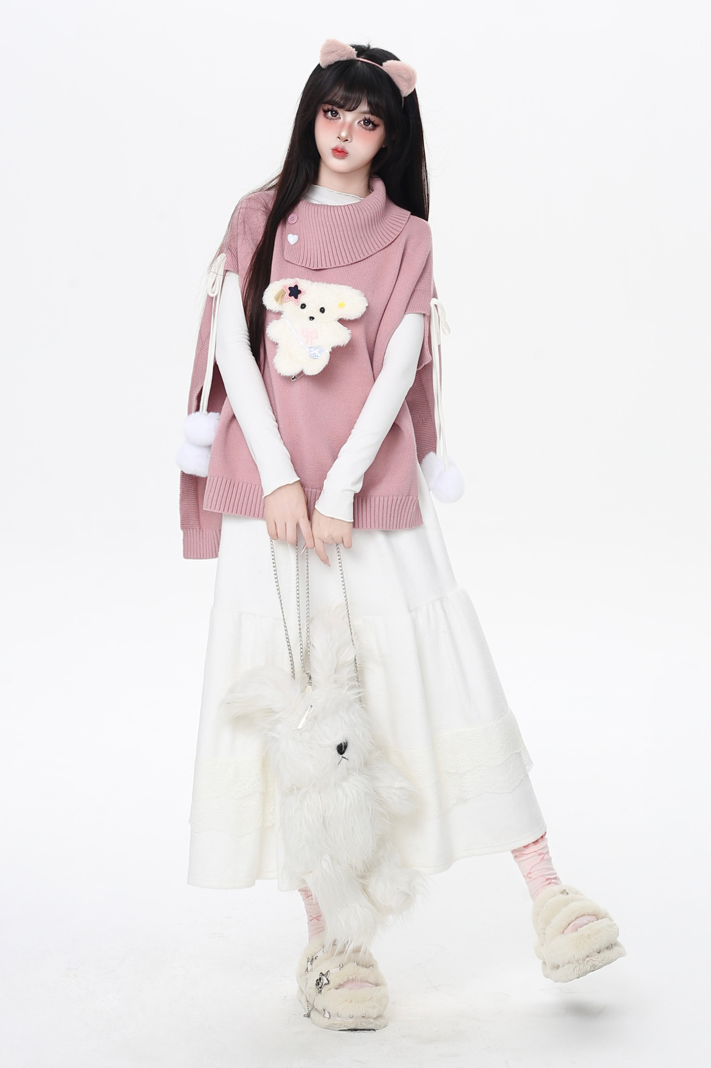 タートルネックショールニットプルオーバーケープ