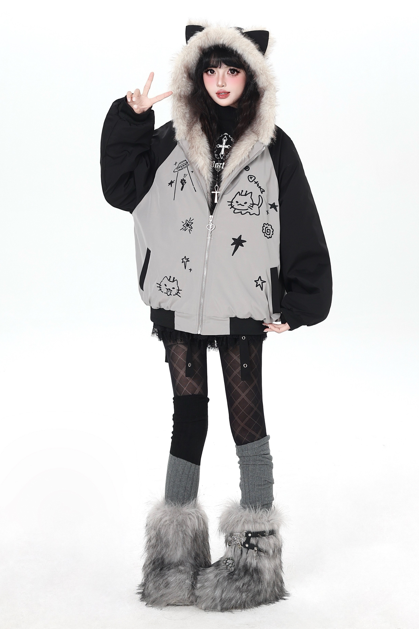 Cat Ear Bicolor Fur Jacket