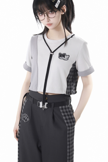 チェックショートトップス+チェックパンツ+フードトップス