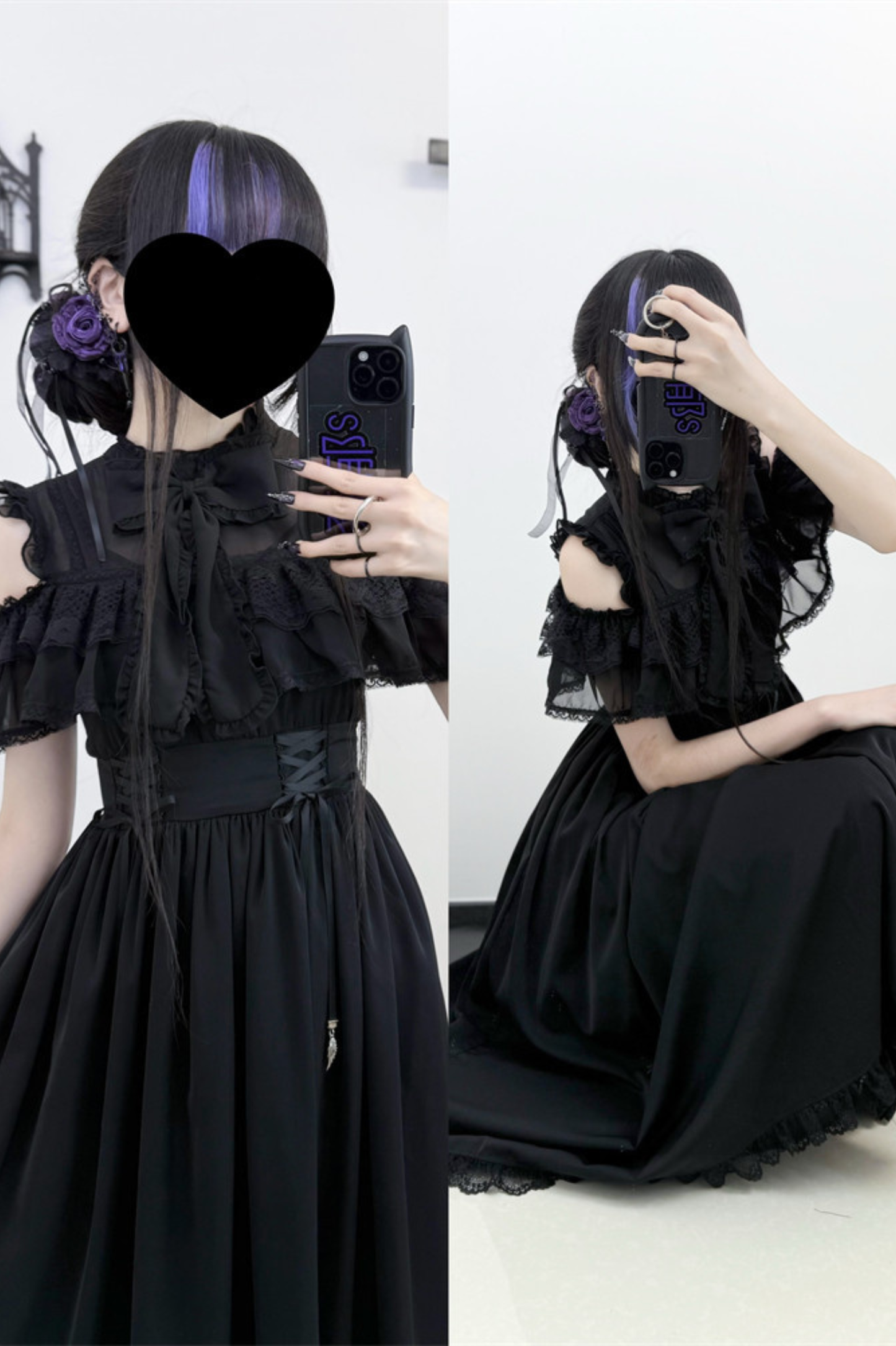 Dark Kawaii Schulterfreies Spitzenkleid
