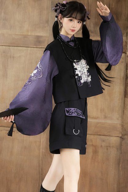 Dark china top + vest + shorts + necklace