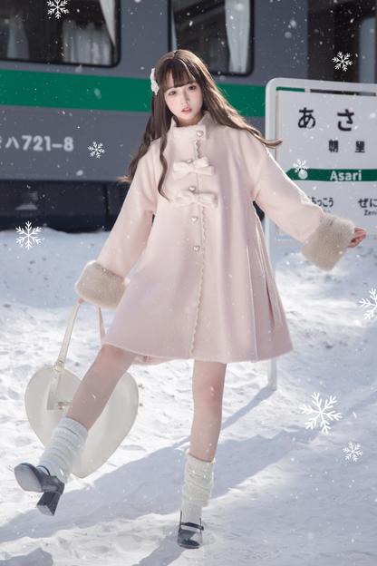 スイートガーリーリボンフレアコート+ファーカラー+シャツ+スカート+ベレー帽