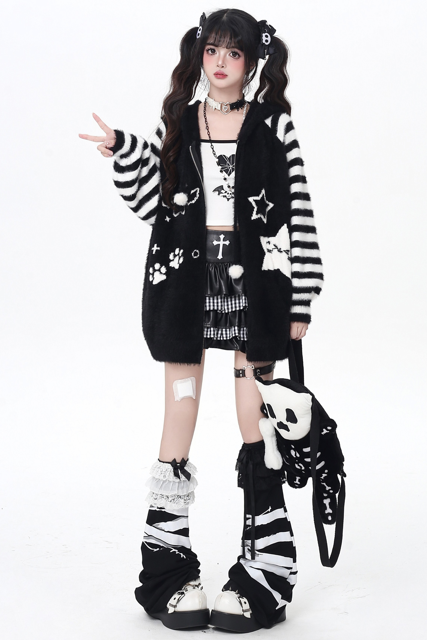 Star Line Striped Hooded Knit Cardigan