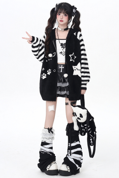 Star Line Striped Hooded Knit Cardigan