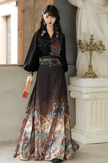 Dark chic retro top + long skirt