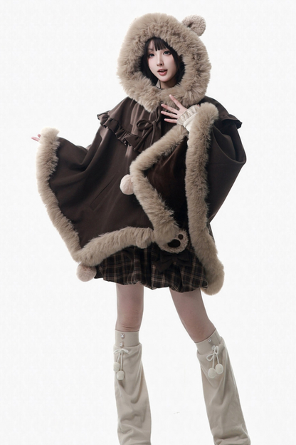 ベルベットベアフードケープ+トップス+サスペンダースカート+レッグカバー
