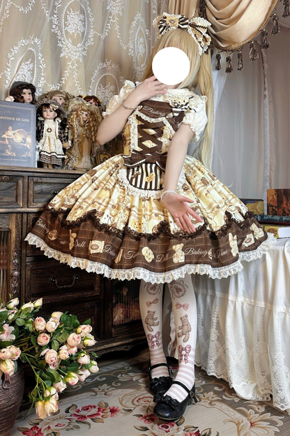 ベアティーパーティーロリータドレス+ジャンパースカート+シャツ+カチューシャ+ブローチ+エプロン